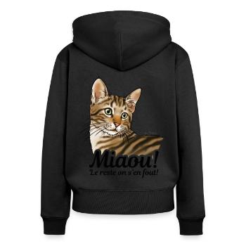 Chat tigré miaou avec texte noir - Sweat à capuche zippé Premium bio Femme - noir - Dos - Julia (174cm)