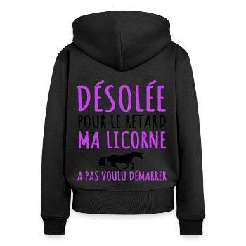 Licorne humour ma licorne a pas voulu démarrer - Sweat à capuche zippé Premium bio Femme - noir - Dos - Julia (174cm)
