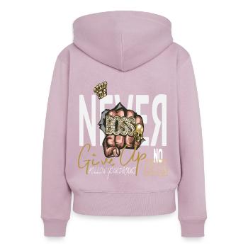 Never Give Up - Frauen Premium Bio Zip Hoodie - Altrosa - Hinten - Julia (174cm)