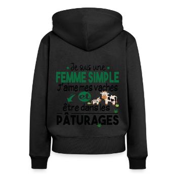 Vache Veau Animal Cadeau Femme Pâturage Fermière - Sweat à capuche zippé Premium bio Femme - noir - Dos - Julia (174cm)