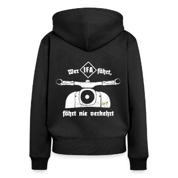 Schwalbe - Ostalgie - IFA - DDR - Moped - Frauen Premium Bio Zip Hoodie - Schwarz - Hinten - Julia (174cm)