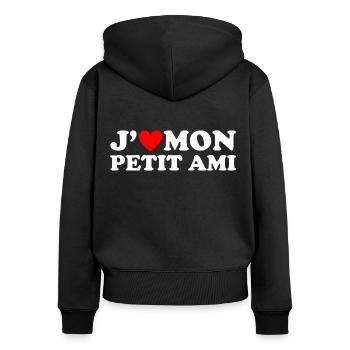 J' aime mon petit ami cadeau coeur rouge - Sweat à capuche zippé Premium bio Femme - noir - Dos - Julia (174cm)