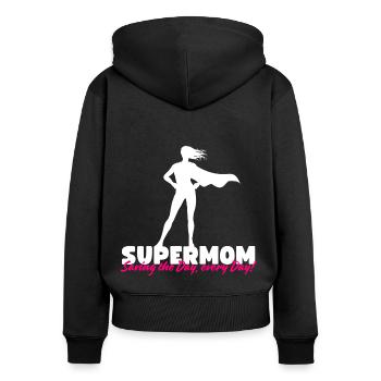 Supermom - Saving the Day, Every Day! - Frauen Premium Bio Zip Hoodie - Schwarz - Hinten - Julia (174cm)