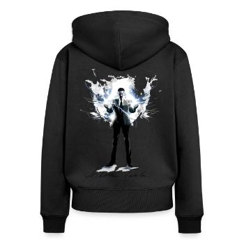 Nikola Tesla inmitten von Blitzen - Frauen Premium Bio Zip Hoodie - Schwarz - Hinten - Julia (174cm)