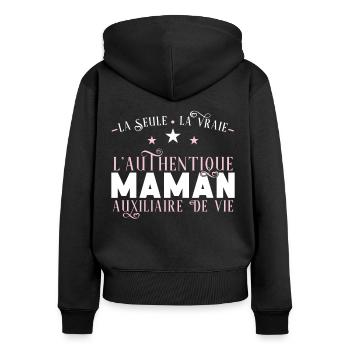 Auxiliaire de vie, idée cadeau aide à domicile - Sweat à capuche zippé Premium bio Femme - noir - Dos - Julia (174cm)