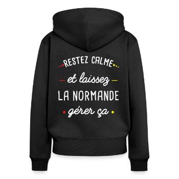 Normandie humour femme normande idée cadeau région - Sweat à capuche zippé Premium bio Femme - noir - Dos - Julia (174cm)