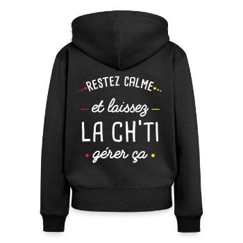Idée Cadeau Ch-ti Citation Région Nord Chti Humour - Sweat à capuche zippé Premium bio Femme - noir - Dos - Julia (174cm)