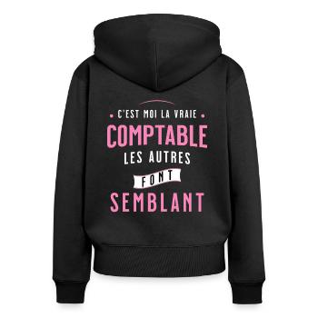 Comptable Cadeau Rigolo Secrétaire Humour Femme - Sweat à capuche zippé Premium bio Femme - noir - Dos - Julia (174cm)