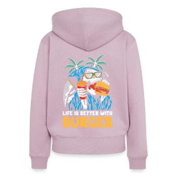 La vie est plus belle avec le burger | Crâne de plage de faucheur - Sweat à capuche zippé Premium bio Femme - rose poudré - Dos - Julia (174cm)