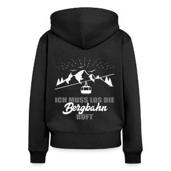 Seilbahn - Ich muss los die Bergbahn ruft - Frauen Premium Bio Zip Hoodie - Schwarz - Hinten - Julia (174cm)