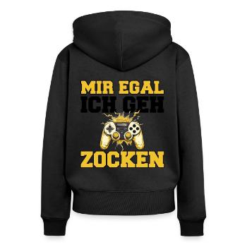 Mir Egal Ich Geh Zocken Gaming Spruch - Frauen Premium Bio Zip Hoodie - Schwarz - Hinten - Julia (174cm)