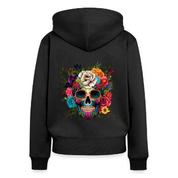 Totenkopf Blumen Bunt - Frauen Premium Bio Zip Hoodie - Schwarz - Hinten - Julia (174cm)