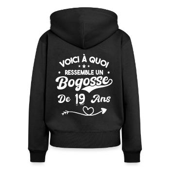 Bogosse 19 ans Cadeau Humour Anniversaire 19 ans - Sweat à capuche zippé Premium bio Femme - noir - Dos - Julia (174cm)