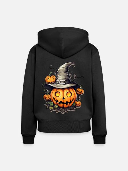 Kürbiskopf mit Hexenhut, Halloween - Frauen Premium Bio Zip Hoodie - Schwarz