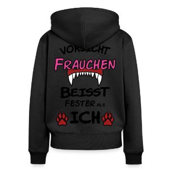 Frauchen Hund Vorsicht beisst - Frauen Premium Bio Zip Hoodie - Schwarz - Hinten - Julia (174cm)