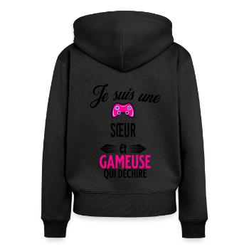 je suis gameuse qui déchire et sœur - Sweat à capuche zippé Premium bio Femme - noir - Dos - Julia (174cm)