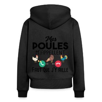 Poulailler poule volaille poussin. Cadeau ferme - Sweat à capuche zippé Premium bio Femme - noir - Dos - Julia (174cm)