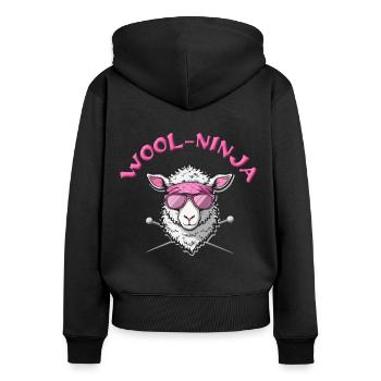Wool-Ninja - cooles Schaf mit Stricknadeln - Frauen Premium Bio Zip Hoodie - Schwarz - Hinten - Julia (174cm)