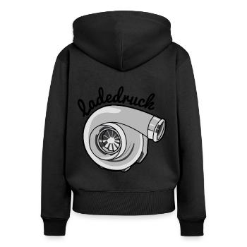 Ladedruck Grau - Frauen Premium Bio Zip Hoodie - Schwarz - Hinten - Julia (174cm)