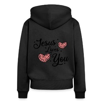 Jésus vous aime - Sweat à capuche zippé Premium bio Femme - noir - Dos - Julia (174cm)