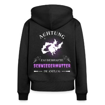 Schwiegermutter Hexe am Besen mit Katze im Anflug - Frauen Premium Bio Zip Hoodie - Schwarz - Hinten - Julia (174cm)