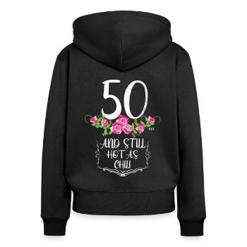 50 ans - Sweat à capuche zippé Premium bio Femme - noir - Dos - Julia (174cm)