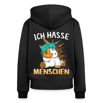 Ich hasse Menschen Einhorn - Frauen Premium Bio Zip Hoodie - Schwarz - Hinten - Julia (174cm)
