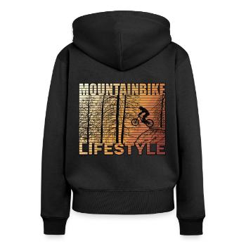Mountain Biker springt über den Drop im - Frauen Premium Bio Zip Hoodie - Schwarz - Hinten - Julia (174cm)