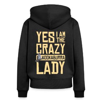 Crazy Kookaburra Lady - Frauen Premium Bio Zip Hoodie - Schwarz - Hinten - Julia (174cm)