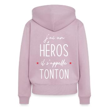 J'ai un héros il s'appelle tonton - Sweat à capuche zippé Premium bio Femme - rose poudré - Dos - Julia (174cm)