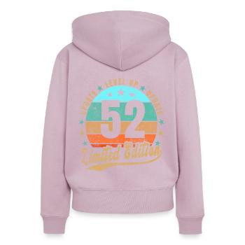 Mise à jour Niveau supérieur 52 ans Édition Limitée Rétro - Sweat à capuche zippé Premium bio Femme - rose poudré - Dos - Julia (174cm)