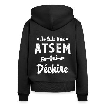 Je suis une ATSEM qui déchire Idée Cadeau Atsem - Sweat à capuche zippé Premium bio Femme - noir - Dos - Julia (174cm)