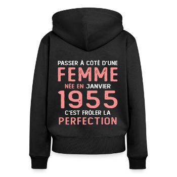 Cadeau D'anniversaire Femme Née En Janvier 1955 - Sweat à capuche zippé Premium bio Femme - noir - Dos - Julia (174cm)