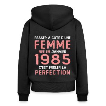 Cadeau D'anniversaire Femme Née En Janvier 1985 - Sweat à capuche zippé Premium bio Femme - noir - Dos - Julia (174cm)