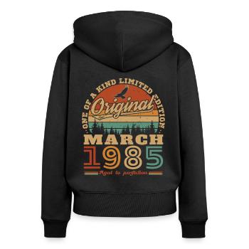 Mars 1985 Vintage Cadeau Anniversaire - Sweat à capuche zippé Premium bio Femme - noir - Dos - Julia (174cm)