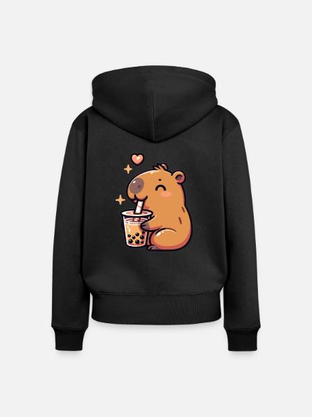 Capybaras trinken Bubble Tea kawaii Boba Capybara - Premium økologisk hoodie med lynlås til kvinder - sort