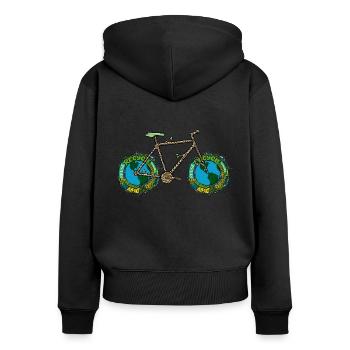 Planète Terre vélo, jeu de mots cyclisme, roue de vélo Art - Sweat à capuche zippé Premium bio Femme - noir - Dos - Julia (174cm)