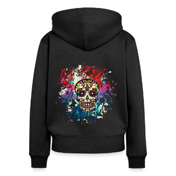 Bunter Totenkopf, Mexiko Tag der Toten Sugar Skull - Frauen Premium Bio Zip Hoodie - Schwarz - Hinten - Julia (174cm)