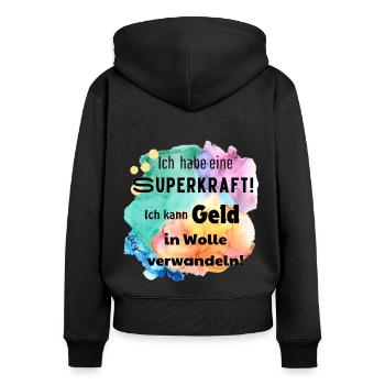SuperkraftWolle, häkeln, stricken, lustiger Spruch - Frauen Premium Bio Zip Hoodie - Schwarz - Hinten - Julia (174cm)