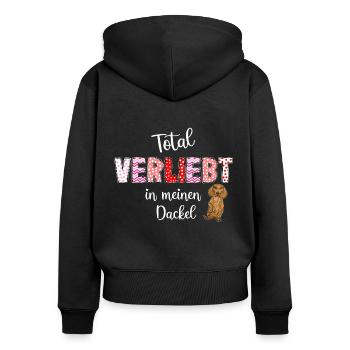 Verliebt in meinen Hund, süßes Dackelmotiv - Frauen Premium Bio Zip Hoodie - Schwarz - Hinten - Julia (174cm)
