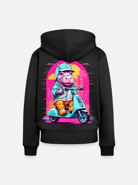 Nilpferd auf Roller - Frauen Premium Bio Zip Hoodie - Schwarz