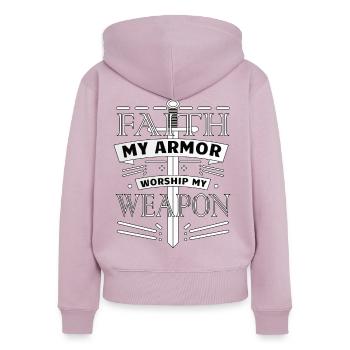 Faith and Worship - Women's Premium Organic Zip Hoodie - dusky pink - Back - Julia (174cm)