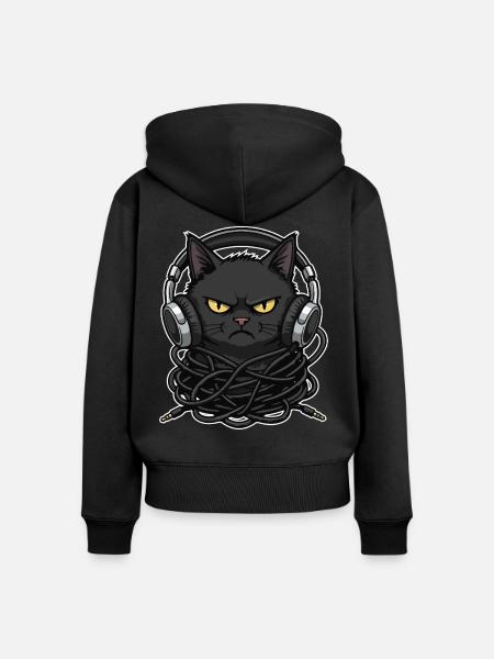 Kabel-Chaos-Katzen-Musik-Kopfhörer - Frauen Premium Bio Zip Hoodie - Schwarz