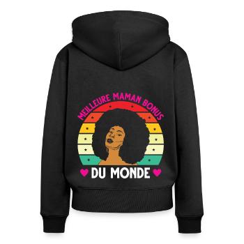 Meilleure maman bonus monde vintage femme noire - Sweat à capuche zippé Premium bio Femme - noir - Dos - Julia (174cm)