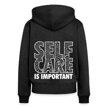 SELFCARE IS IMPORTANT - Frauen Premium Bio Zip Hoodie - Schwarz - Hinten - Julia (174cm)