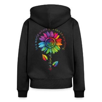 Be Kind LGBTQ Regenbogen Sonnenblume Blume CSD - Frauen Premium Bio Zip Hoodie - Schwarz - Hinten - Julia (174cm)