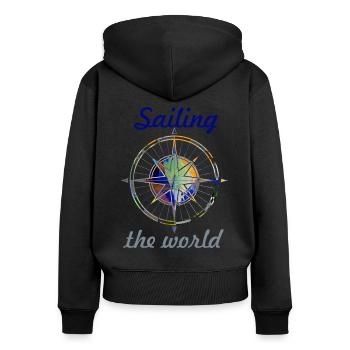 sailing the world, sailing,segeln, kompass, bunt - Frauen Premium Bio Zip Hoodie - Schwarz - Hinten - Julia (174cm)