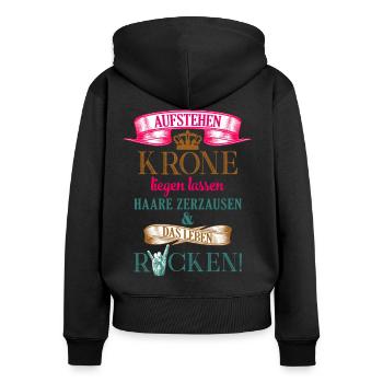 DAS LEBEN ROCKEN - Frauen Premium Bio Zip Hoodie - Schwarz - Hinten - Julia (174cm)