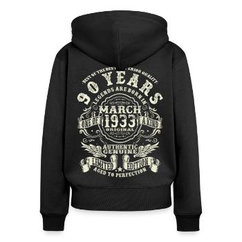 90 ans - légende née en mars 1933 - Sweat à capuche zippé Premium bio Femme - noir - Dos - Julia (174cm)