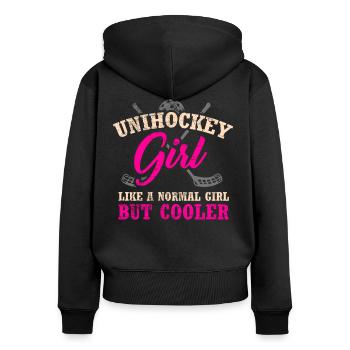 Frauen Mädchen Unihockey - Frauen Premium Bio Zip Hoodie - Schwarz - Hinten - Julia (174cm)